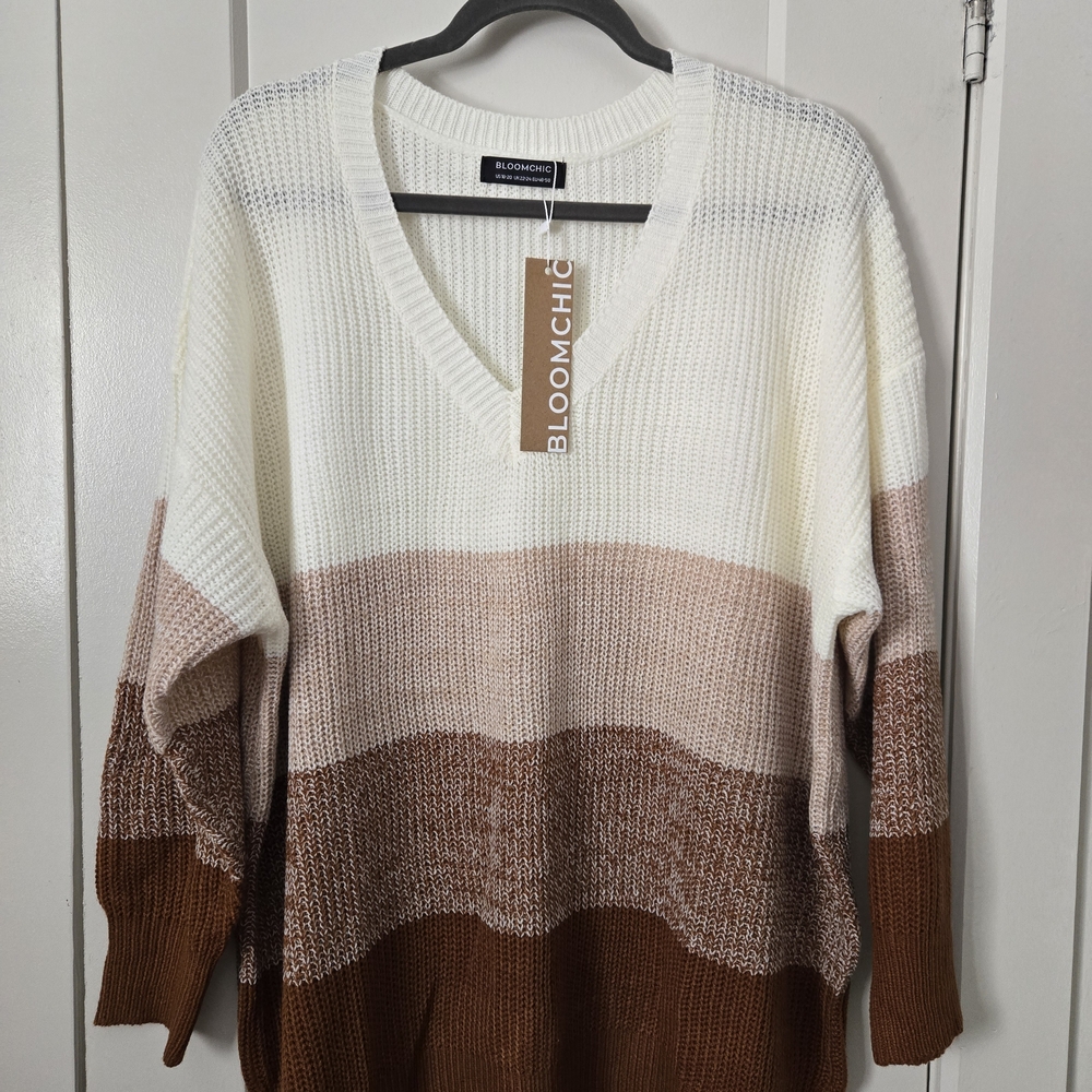BloomChic Women's V-Neck Colorblock Knit Sweater in Cream and Brown Tones